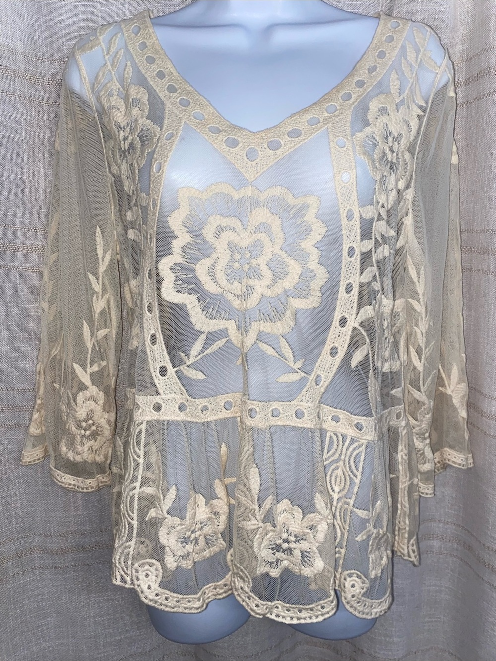 Eyeshadow Cream Sheer Floral Embroidered Mesh Peplum Blouse M